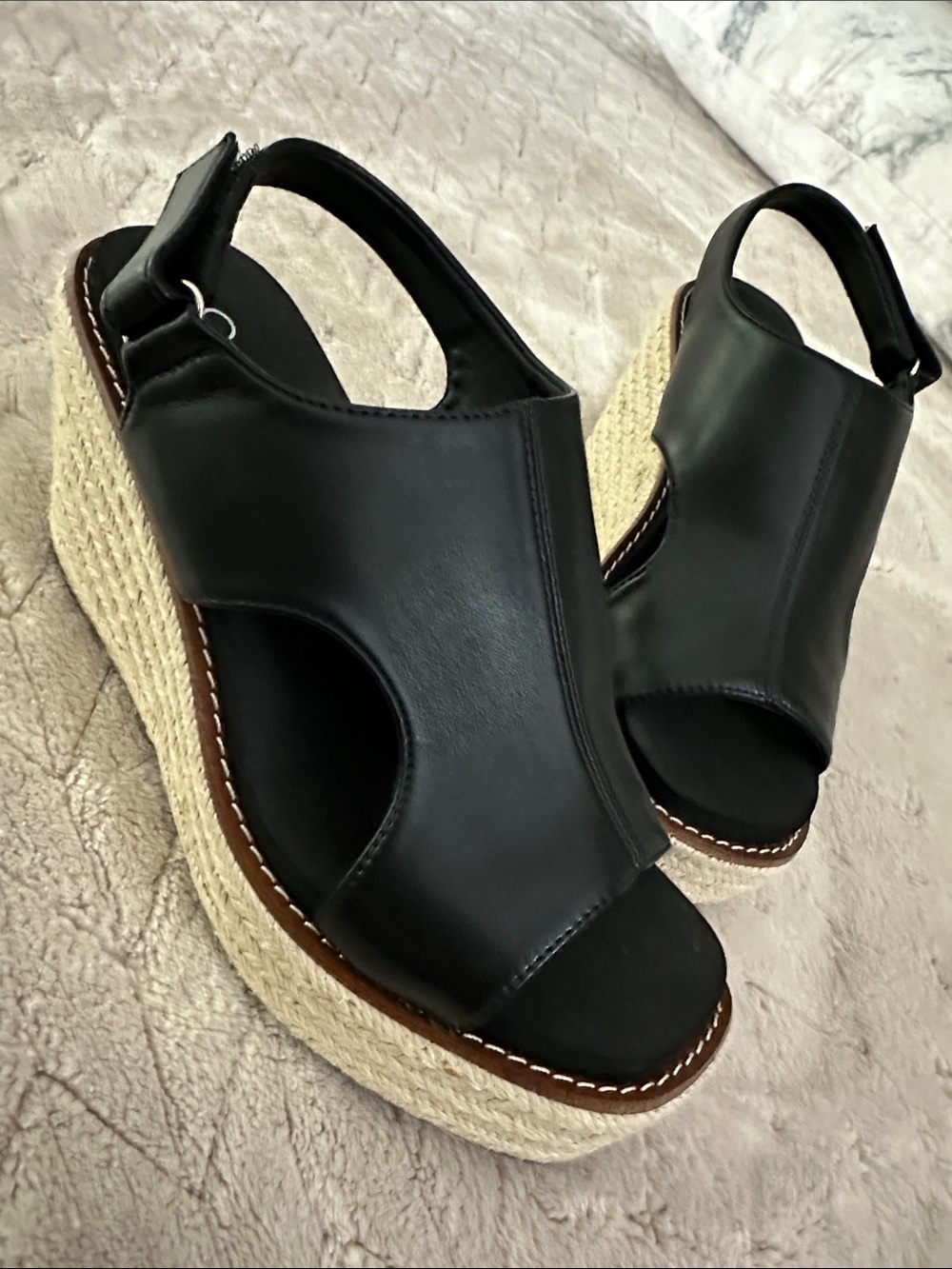 Corkys Black Leather Espadrille Wedge Sandals